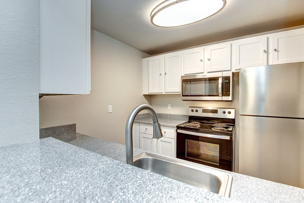 a kitchen with stainless steel appliances and granite counter tops
