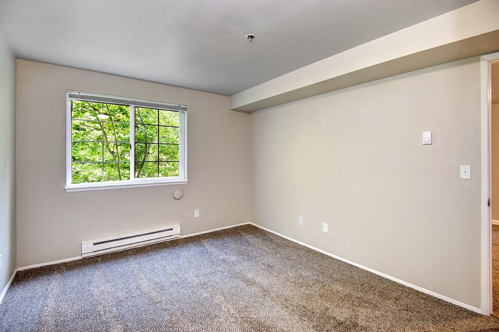 an empty room with carpet and a window