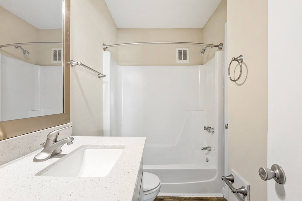 a bathroom with a sink and a shower and a mirror