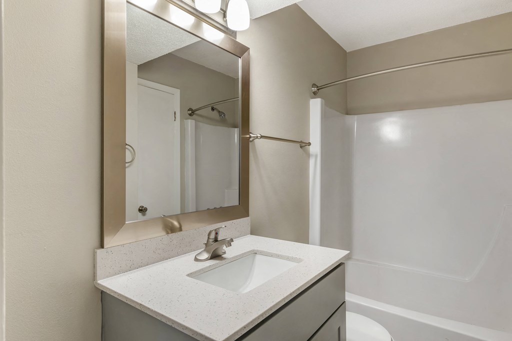 the preserve at ballantyne commons apartment bathroom with sink and mirror