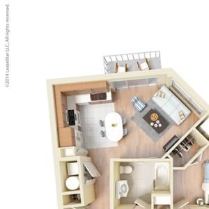 2 Bed - 1 Bath, 897 square feet B1 floor plan