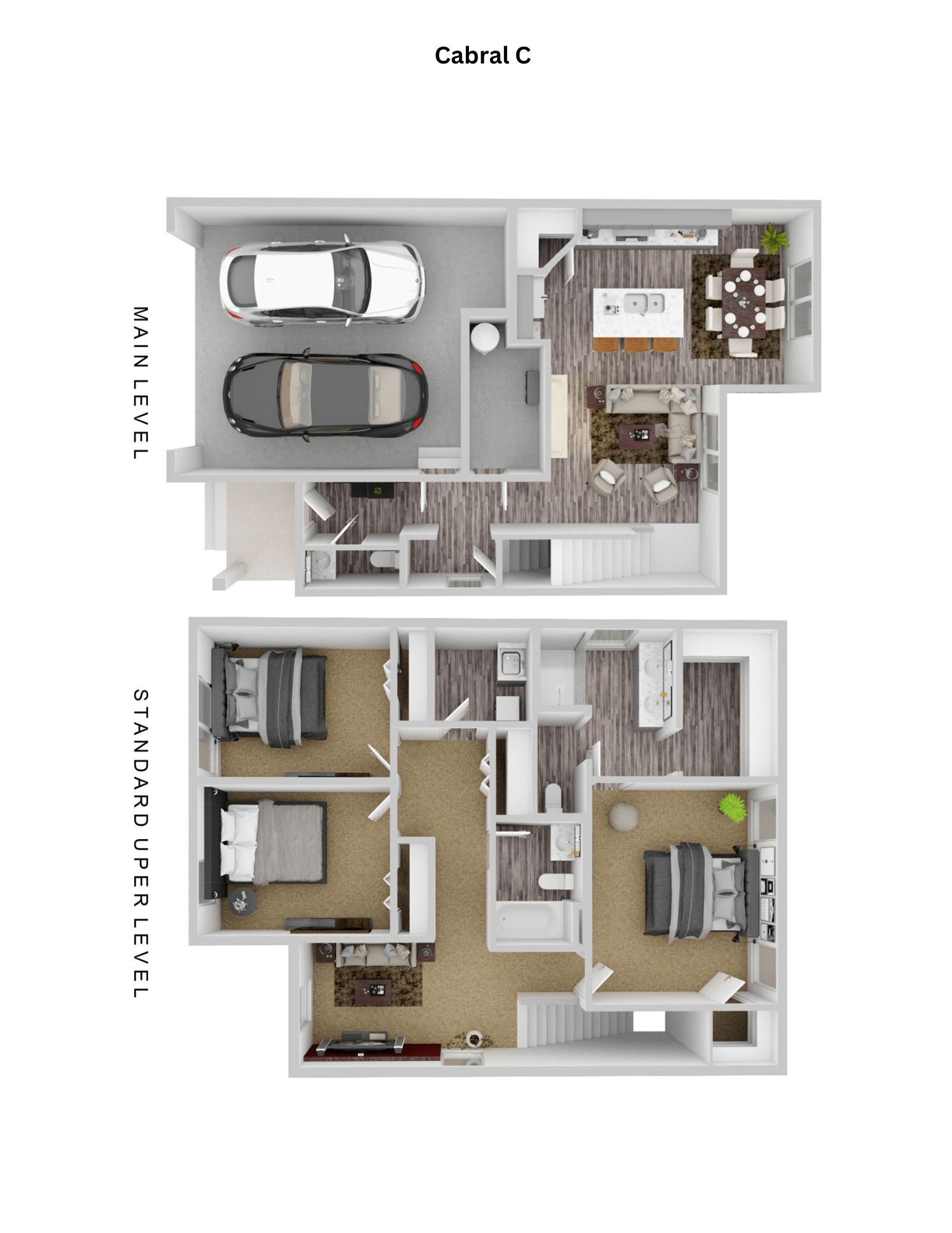 a 3d rendering of a floor plan withartments and a car