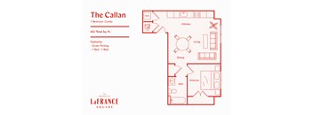 A red floor plan of a one bedroom condo with a kitchen, dining area, living room, and bathroom.