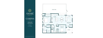 A floor plan for the Amare Santa Fe Camina Plan 2, a 2 bedroom, 2 bathroom apartment.