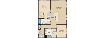 A floor plan of a home with a living room, two bedrooms, a kitchen, and bathrooms.