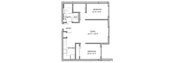 A floor plan of a small apartment with a living room, kitchen, and two bedrooms.