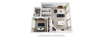 a stylized floor plan of a 1 bedroom apartment