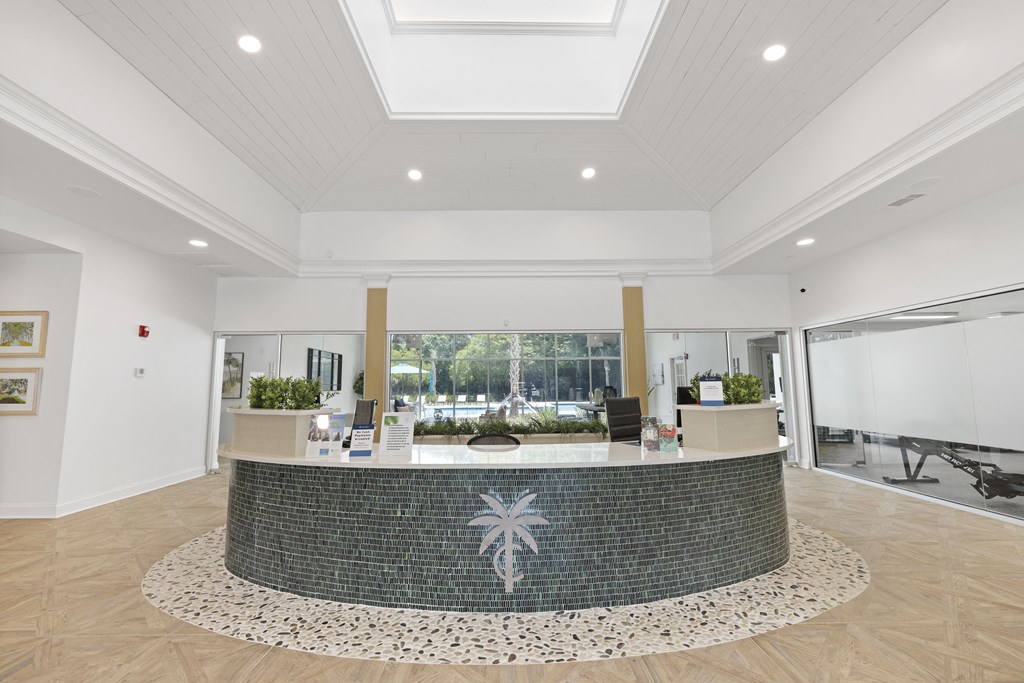 a view of the front desk in the lobby