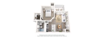 A 3D floor plan of a small apartment with a kitchen, living room, and bedrooms.