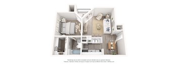 A 3D floor plan of a small apartment with a kitchen, living room, and bathroom.