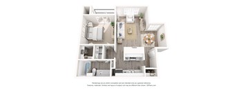 A 3D floor plan of a house with labeled rooms.