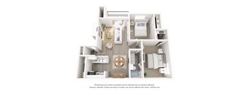 A 3D floor plan of a house with a kitchen, living room, and bathroom.