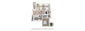 A 3D floor plan of a house with a kitchen, living room, and bathroom.