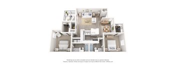 A 3D floor plan of a house with a kitchen, living room, and bathroom.