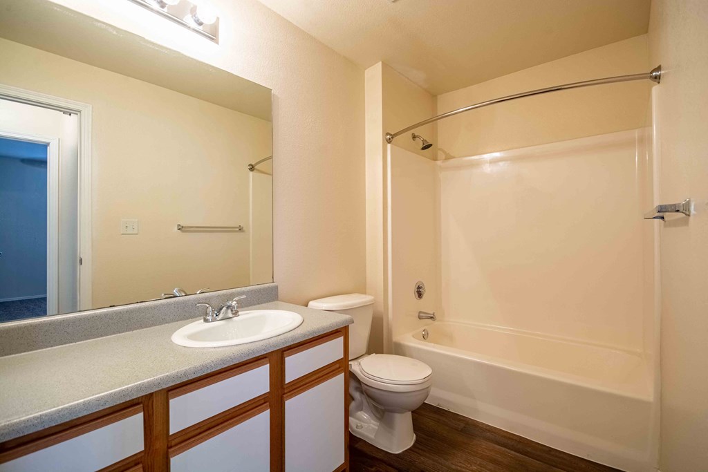 A bathroom with a single sink, big mirror, top light, cabinets, toilet and bathtub