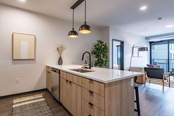 a kitchen with a counter top and a sink