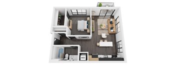 a 1 bedroom floor plan with a bathroom and a living room