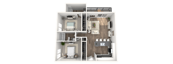 A 3D rendered image of a house layout.