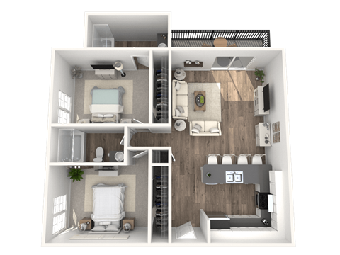 A 3D rendered image of a house layout.