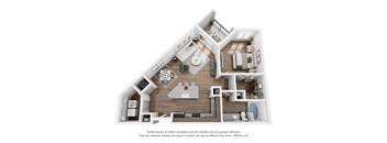 A 3D floor plan of a house with a kitchen, living room, and bathroom.