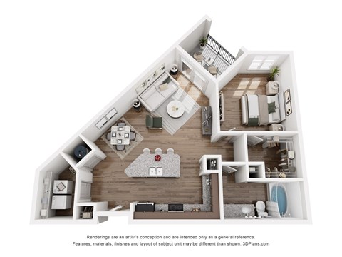 A 3D floor plan of a house with a kitchen, living room, and bathroom.