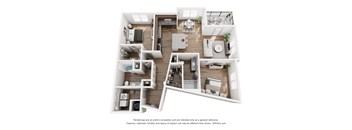 A 3D floor plan of a house with a kitchen, living room, dining room, and bedrooms.