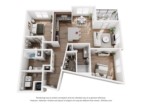 A 3D floor plan of a house with a kitchen, living room, dining room, and bedrooms.