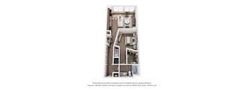 A 3D floor plan of a small apartment with a kitchen, living room, and bathroom.