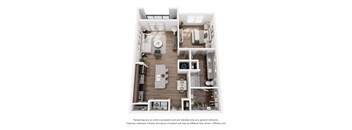 A 3D floor plan of a house with a kitchen, living room, and two bedrooms.