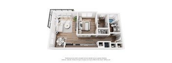 A 3D floor plan of a small apartment with a kitchen, living room, and bathroom.