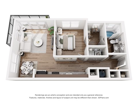 A 3D floor plan of a small apartment with a kitchen, living room, and bathroom.