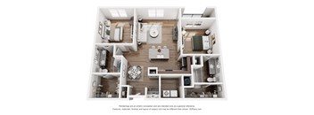 A 3D floor plan of a house with a kitchen, living room, and two bedrooms.
