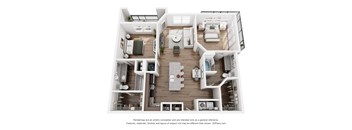 A 3D floor plan of a two-story house with a living room, kitchen, dining room, and bedrooms.