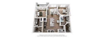 A 3D floor plan of a house with a kitchen, living room, and two bedrooms.