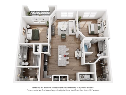 A 3D floor plan of a house with a kitchen, living room, and two bedrooms.