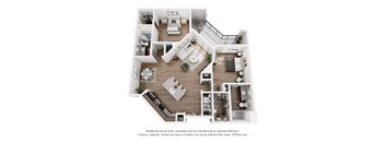 A 3D floor plan of a house with a kitchen, living room, and bedrooms.