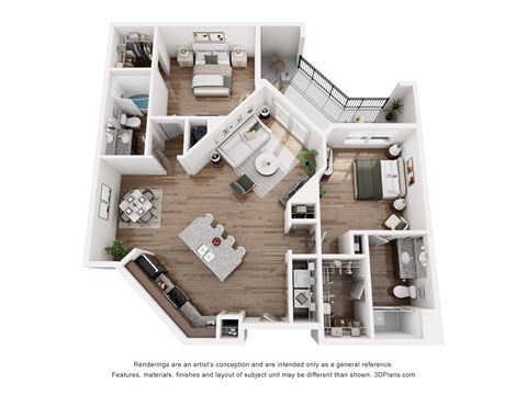 A 3D floor plan of a house with a kitchen, living room, and bedrooms.