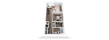 A 3D floor plan of a small apartment with a kitchen, living room, and bathroom.