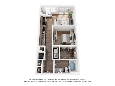 A 3D floor plan of a small apartment with a kitchen, living room, and bathroom.