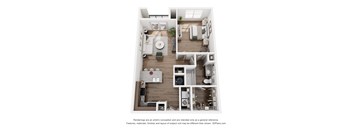 A 3D floor plan of a house with a kitchen, living room, dining room, and bedrooms.