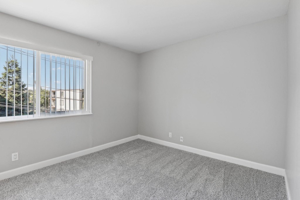 an empty room with carpet and a window