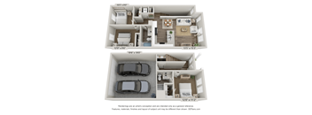 a 3d floor plan of a 3 bedroom apartment with a car in the garage