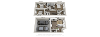 a 3d floor plan of a 1 bedroom apartment with a car in the garage