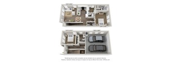 a stylized floor plan of a two bedroom apartment with a car in the garage