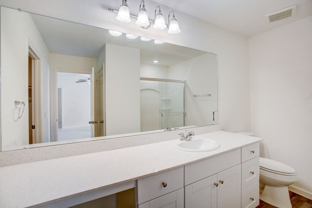 the preserve at ballantyne commons apartment bathroom with sink and mirror