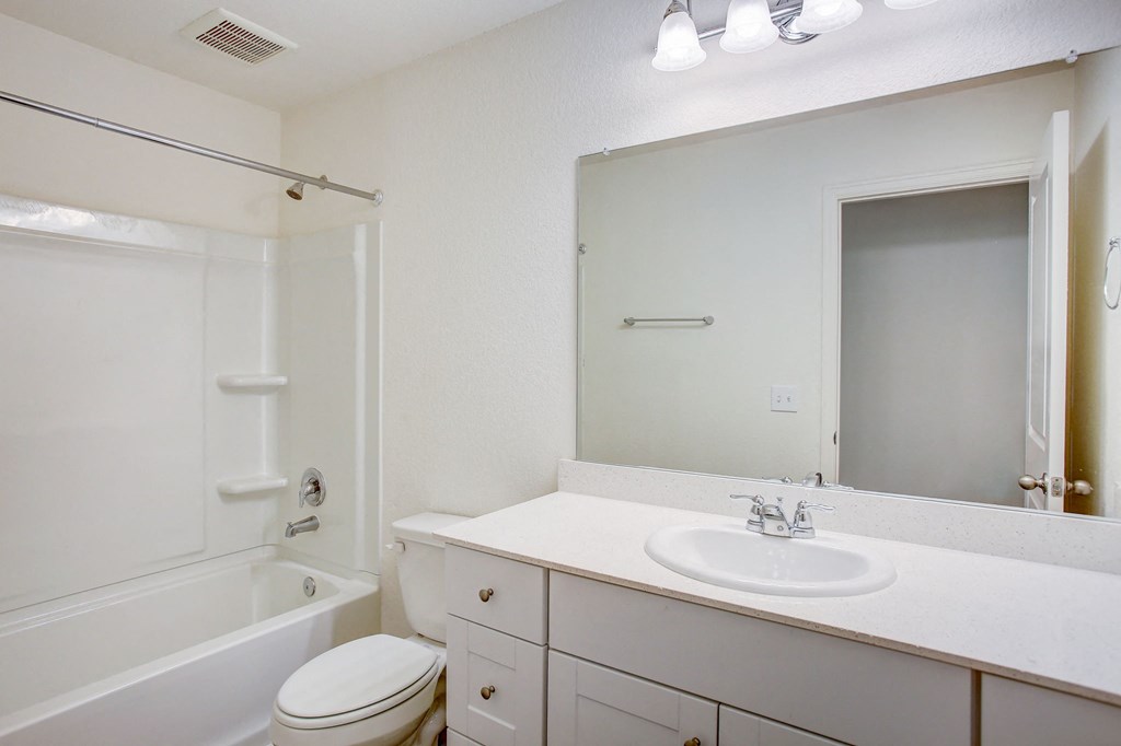 a bathroom with a sink and a tub and a mirror