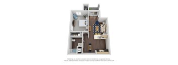 A 3D floor plan of a small apartment with a kitchen, living room, and bedroom.