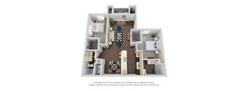 A 3D floor plan of a house with a kitchen, living room, dining room, and bathrooms.
