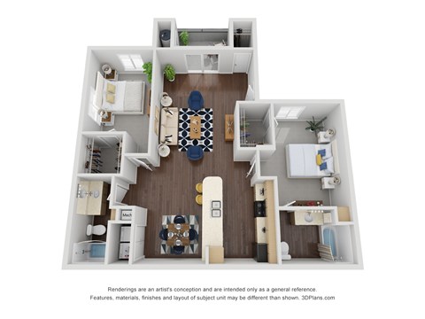A 3D floor plan of a house with a kitchen, living room, dining room, and bathrooms.