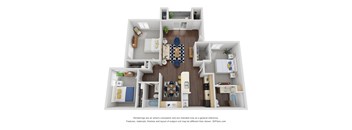A 3D floor plan of a house with a kitchen, living room, and two bedrooms.